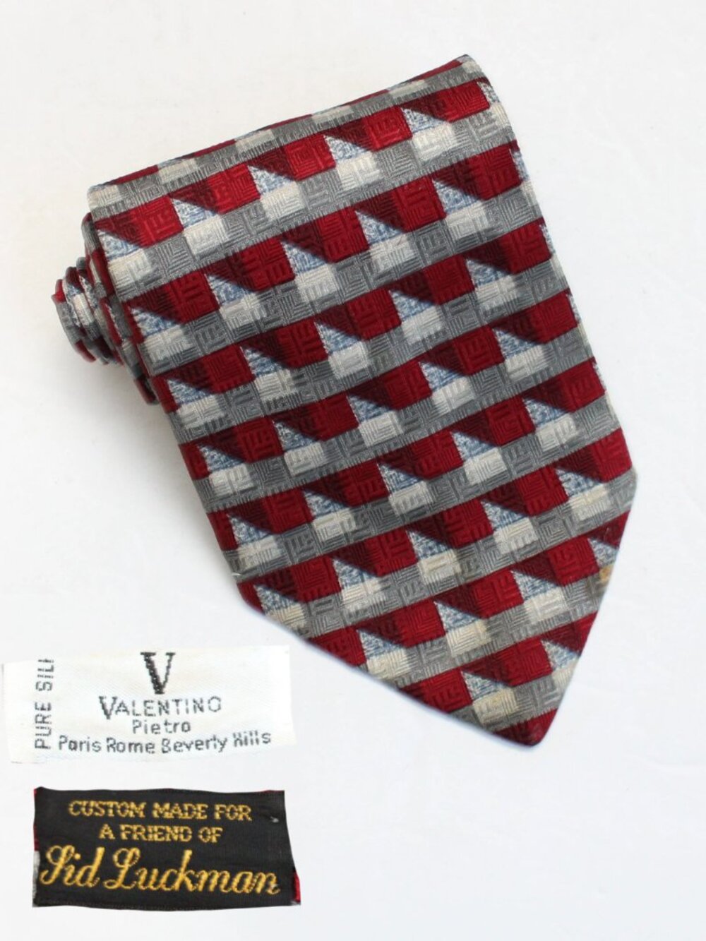 Valentino Vintage Geometric Red Gray Silk Mens Necktie Personalized Sid Luckman